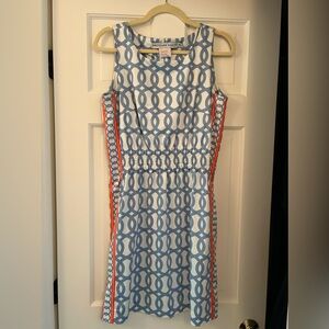 Gretchen Scott blue geo print dress with smocked waist and orange trim, Med